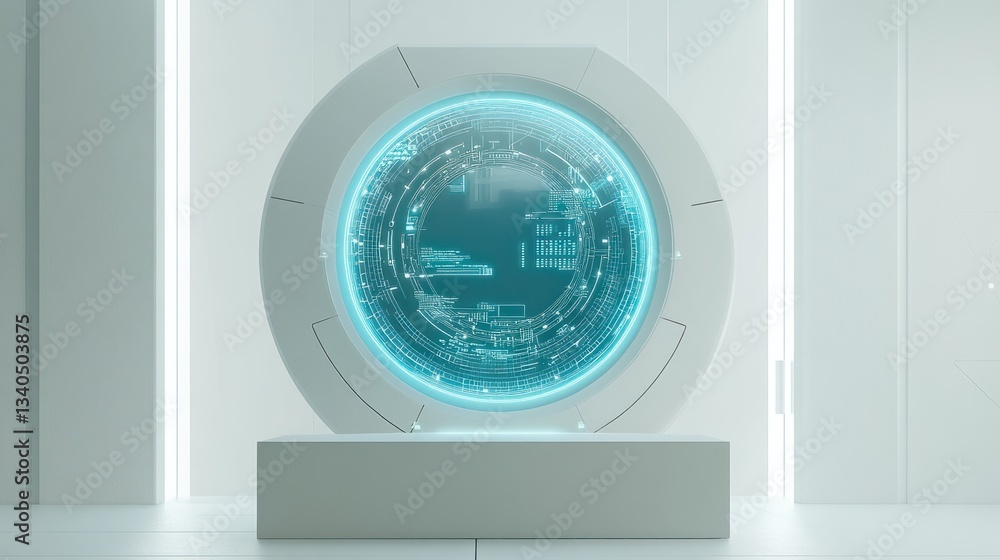 Poster futuristic display screen in a white room. possible use stock photo for technology, sci-fi, or desig