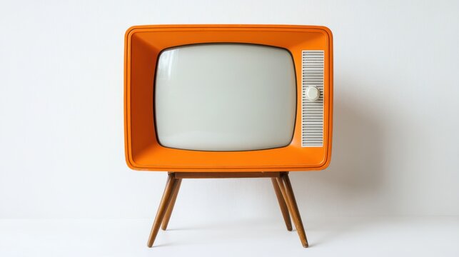 Retro orange television mockup blank empty screen midcentury modern tube tv standing legs template cute kitsch design aesthetic display old vintage 50s 60s isolated white plain background template