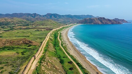Coastal road, aerial view, tropical beach, mountains. Possible use Stock photo for travel, nature, or geographical backgrounds