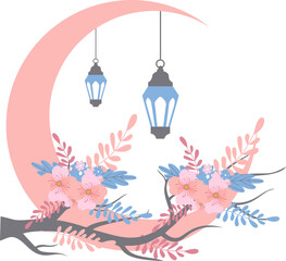 Ramadan Moon With Floral And Lantern