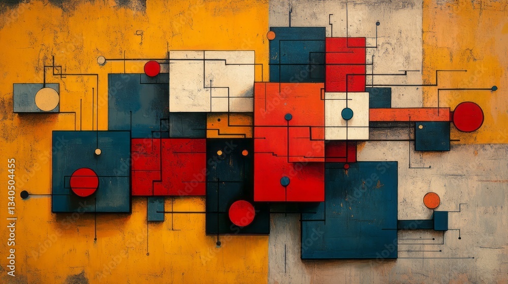 Poster abstract composition showcases interconnected geometric shapes and connecting lines