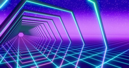 Futuristic glowing neon gate and wireframe background. Shining grid planes and gates in perspective. Bright retro digital horizon. Starry sky. 3D rendering.