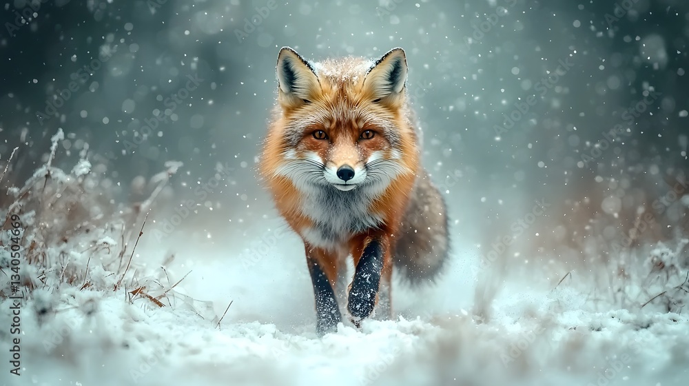 Poster striking image of a fiery red fox trotting across a snow covered meadow its vibrant fur creating a c
