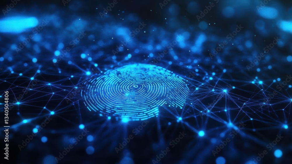 Poster glowing blue digital fingerprint holograms hovering above a global network of connected nodes repres