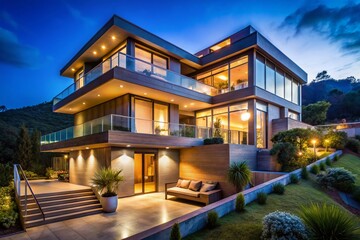 Modern Hillside Home Night Illumination: Candid Architectural Photography