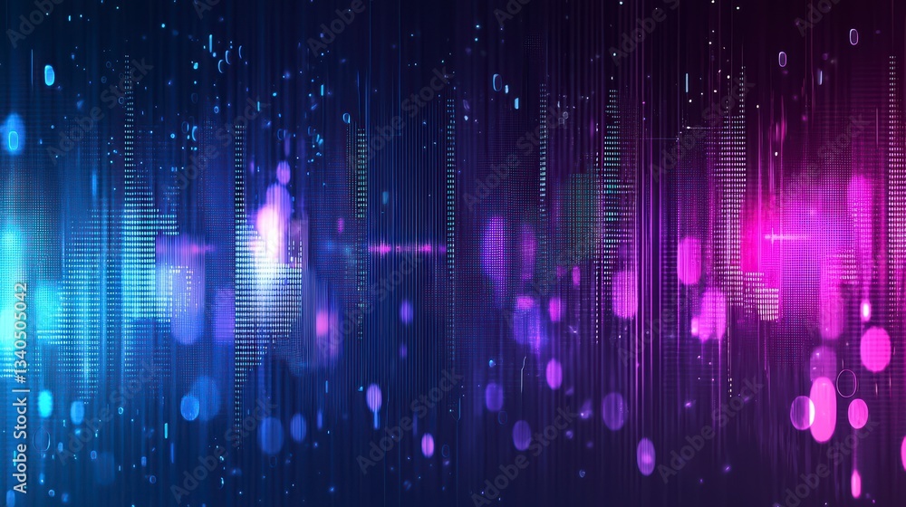 Poster digital horizon: a vibrant, abstract composition showcasing a digital realm of luminous bokeh and dy