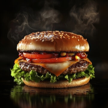 Juicy cheeseburger with sesame seed bun, lettuce, tomato, and melted cheese Steaming hot