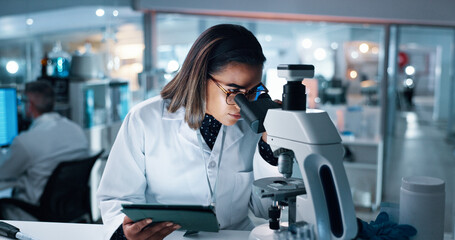 Science, tablet and microscope with woman in laboratory for DNA discovery, healthcare or research. Gene study, medical and clinical trial with scientist in clinic for forensics, results and biotech