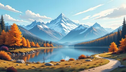Stunning Autumn Mountain Landscape with a Serene Lake Vector Illustration