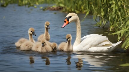 Obraz premium Mute swan with baby Cygnets on summer.generative.ai