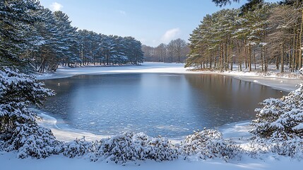Snowy winter forest pond, frozen water, tranquil scene