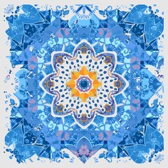 Blue ceramic tile with amazing mandala flower in grunge style. Beautiful ceramic design. Print for napkin, handkerchief, pillow, rug.