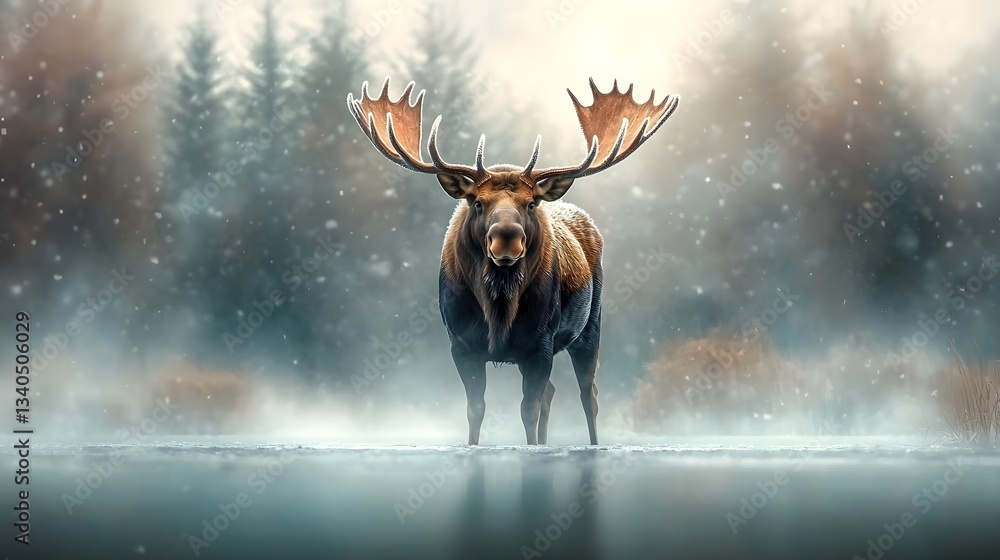 Poster a mighty moose stands proudly at the edge of a frozen lake its enormous antlers covered in a delicat