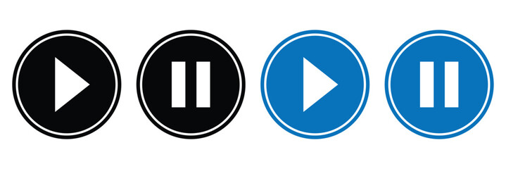 Play and pause icon set. Button for web design. Flat style. Click button isolated. Playlist element. Vector illustration on white background.