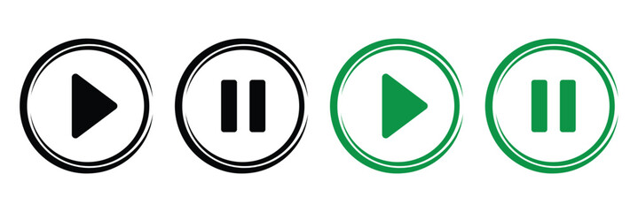 Play and pause icon set. Button for web design. Flat style. Click button isolated. Playlist element. Vector illustration on white background.