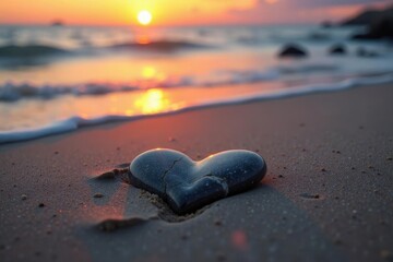 A heart-shaped stone rests on the beach at sunset, reflecting the warm colors of the sky and the ocean's gentle waves.