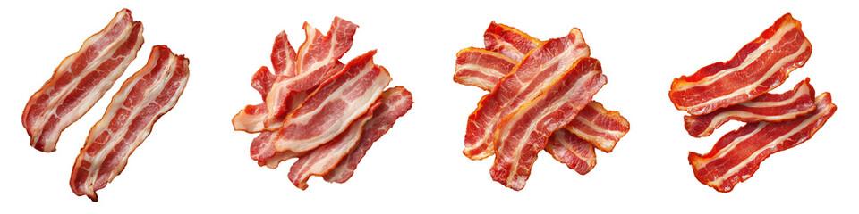 Obraz premium Close up of several crispy savory strips of cooked bacon arranged in a composition on a plain background