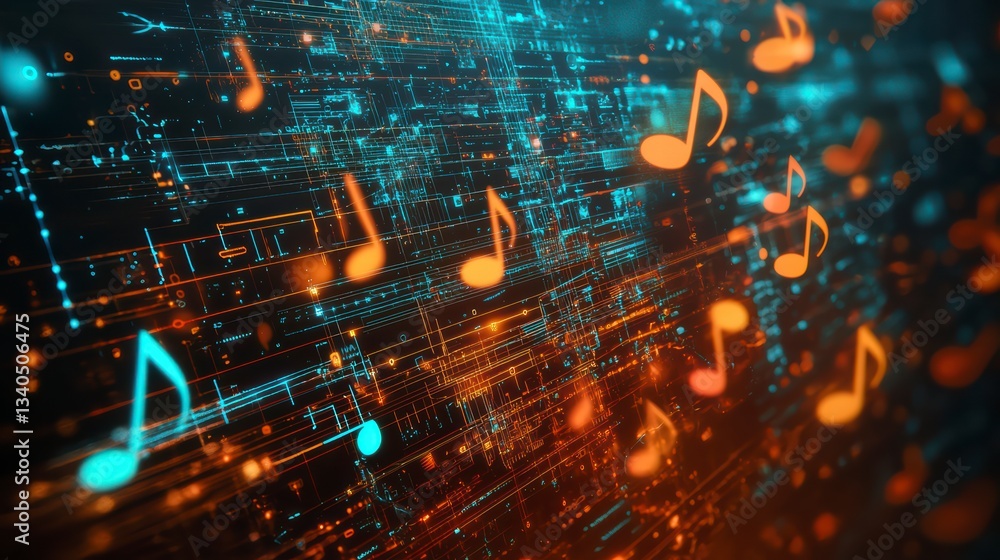 Aufkleber digital symphony: a vivid composition of musical notes swirling within a dynamic digital matrix, sym
