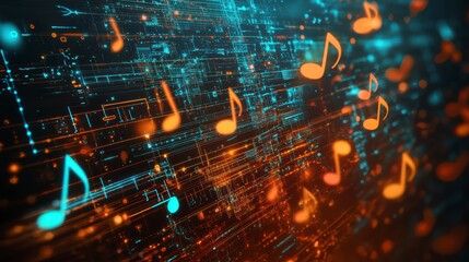 Obraz premium Digital Symphony: A vivid composition of musical notes swirling within a dynamic digital matrix, symbolizing the interconnectedness of music and technology.