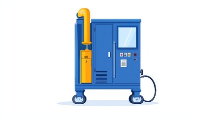 Fototapeta premium Industrial machine with yellow pipe and control panel, on wheels against a white background.