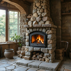 Cozy Stone Fireplace Rustic Cabin Interior