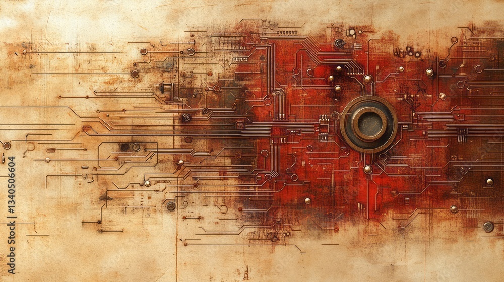 Poster complex circuit board design with aged and rusty appearance