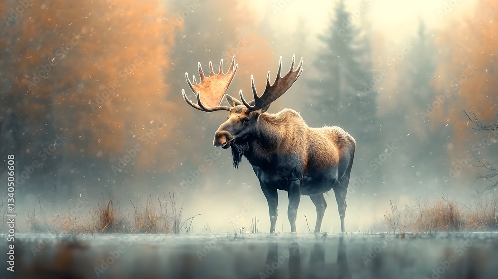 Poster a mighty moose standing tall and proud at the edge of a frozen lake its enormous antlers covered in 