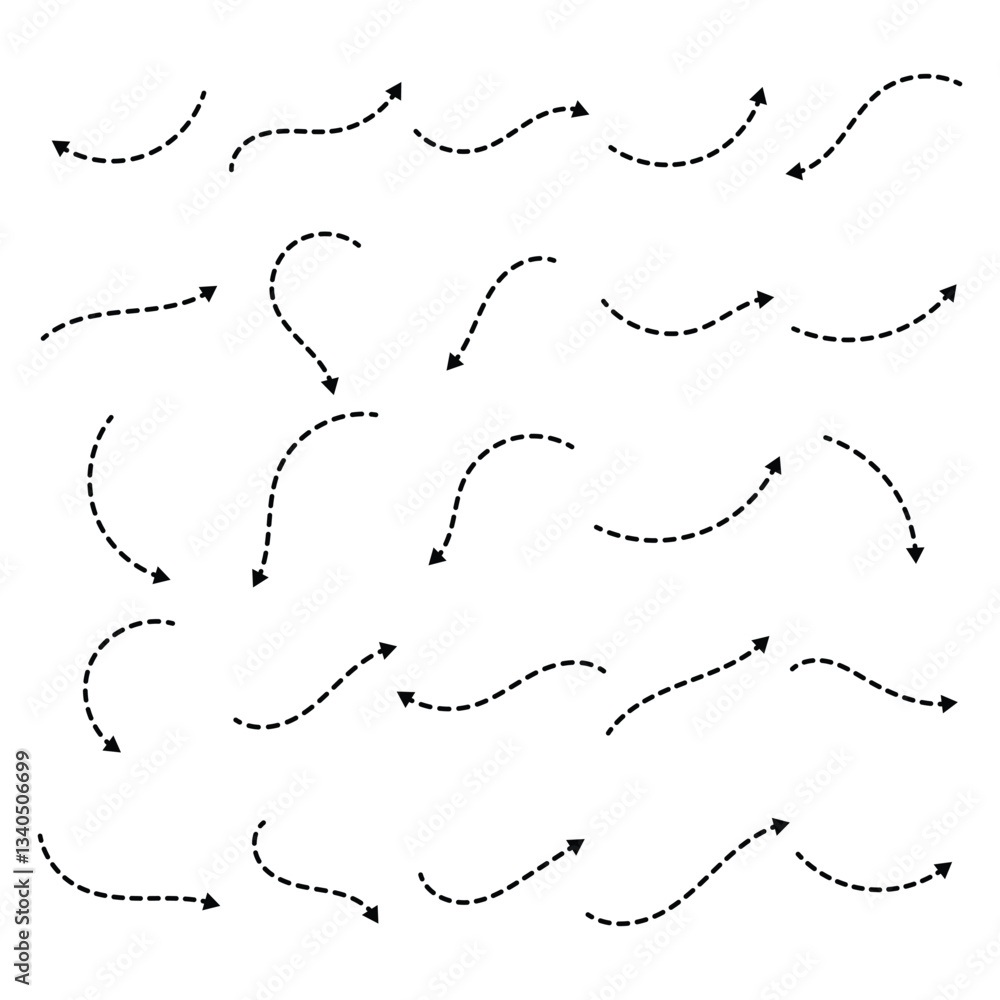 Poster collection of hand drawn dashed arrows in various shapes and directions. sketch style curved and dot