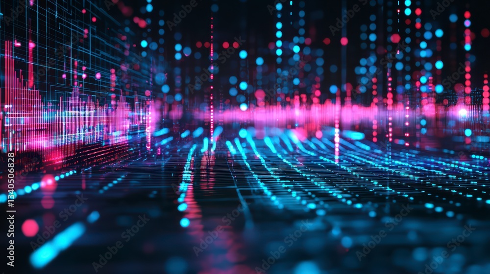Poster digital data stream: an abstract representation of a digital data stream, with vibrant neon-lit line