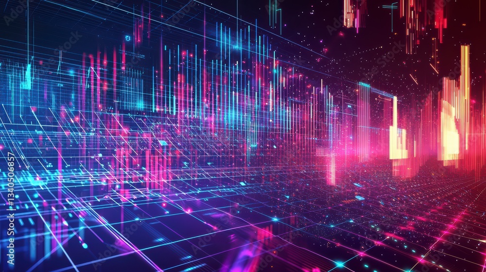 Poster digital metropolis: an abstract digital rendering of a vibrant city at night, pulsating with energy 