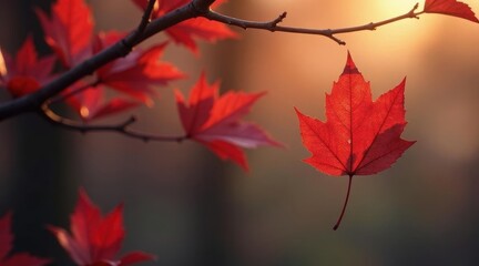 Autumnal Serenity A Single Crimson Leaf Dangles Gracefully from a Branch, Backlit by the Warm Glow of the Setting Sun, Surrounded by Other Vibrant Red Leaves