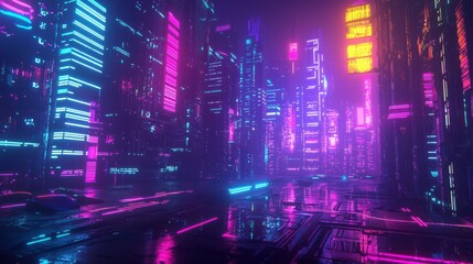 Fototapeta premium Neon Metropolis: A stunning cityscape ablaze with neon lights, hinting at a futuristic metropolis in the twilight. A spectacle of electric hues painting the night sky.