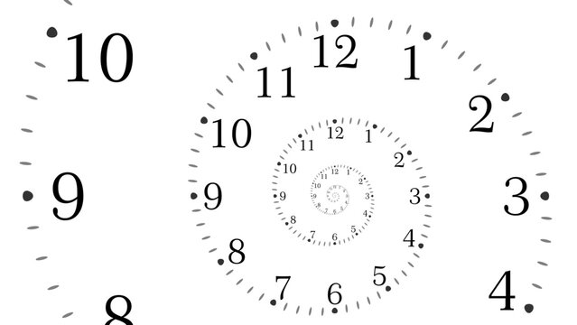 Clock Spiral Dial. Clock in Space. Time Travel Infinity Universe Concept Metaphor. Infinite Time is Flying Fast Future Concept. Timeless. Vector Illustration.