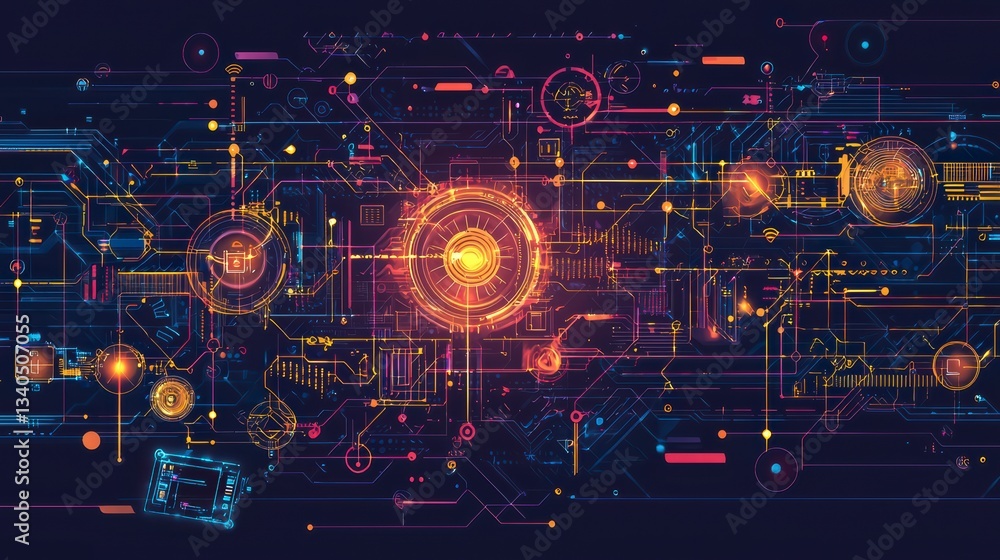 Poster tech nexus: immersed in a digital realm, the vibrant circuitry of an advanced technological network 