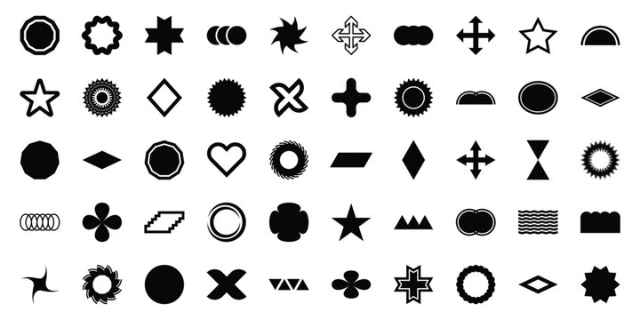 A trendy vector set of geometric silhouettes, showcasing black brutalist shapes, stars, lines, and circles in a minimalist Memphis style.