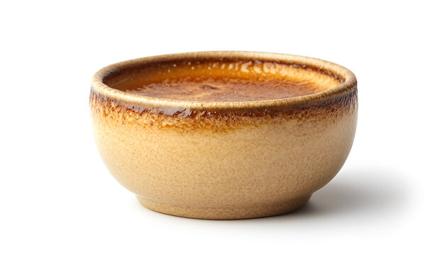 Delicious creme brulee in ceramic ramekin isolated on white