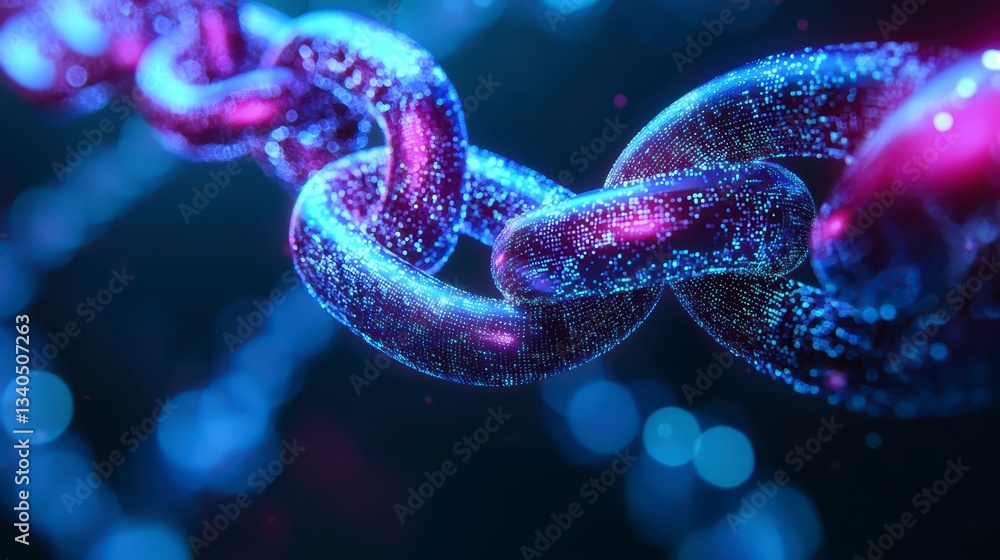Poster blockchain chain: a close-up image of an interconnected chain, symbolizing the core concept of block
