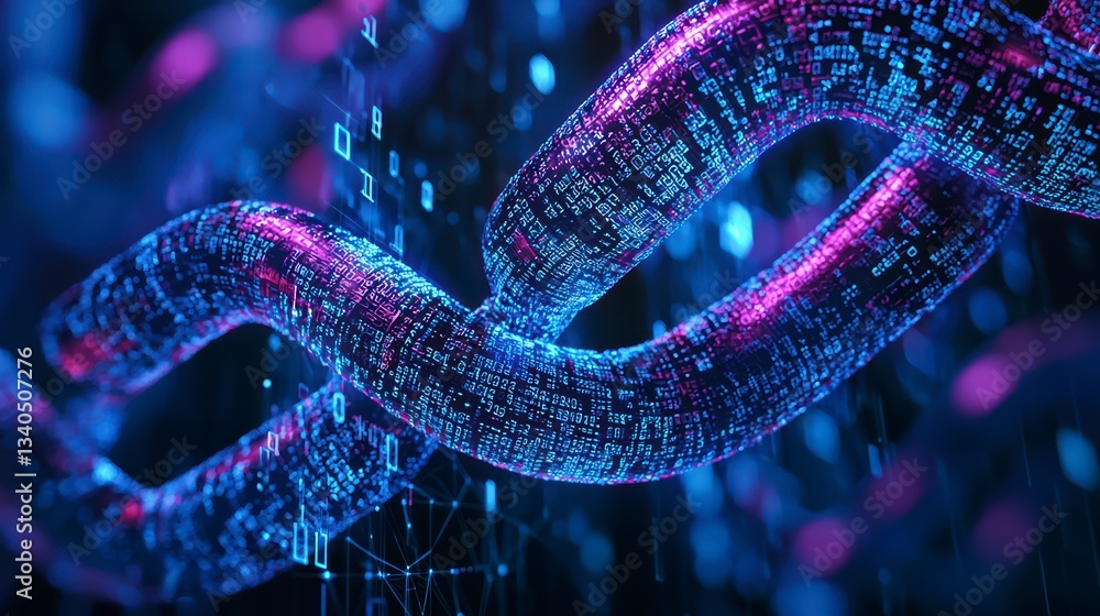 Poster digital chain: a detailed, illuminated rendering of a digital chain, symbolizing the interconnectedn