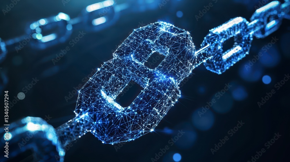 Poster blockchain chain: a mesmerizing, close-up view of a digital blockchain chain, rendered in a futurist