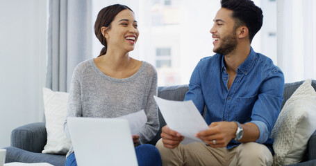 Laughing, budget or couple with paperwork, laptop or salary for household bills, profit growth or...