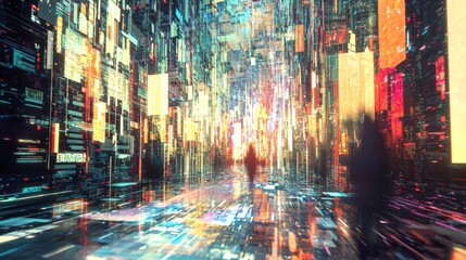 Fototapeta premium Futuristic Cityscape: A lone figure navigates the vibrant, neon-lit avenues of a futuristic city, surrounded by towering structures and advanced technology.
