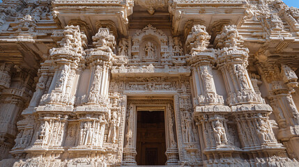  Majestic Temple Facade: A grand entrance to a meticulously carved temple, showcasing intricate architectural details, religious symbolism, and cultural heritage.