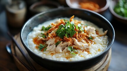 Bubur bubur ayam rice porridge served with shredded chicken