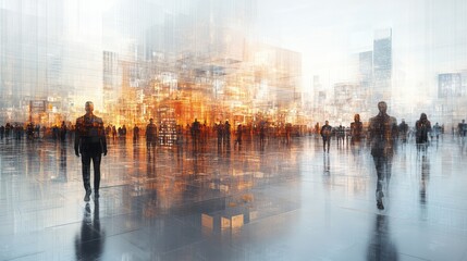 Blurred figures walk through a futuristic city with highrises