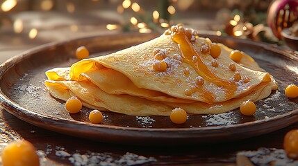 Stacked pancakes with berries and honey, holiday setting, delicious dessert