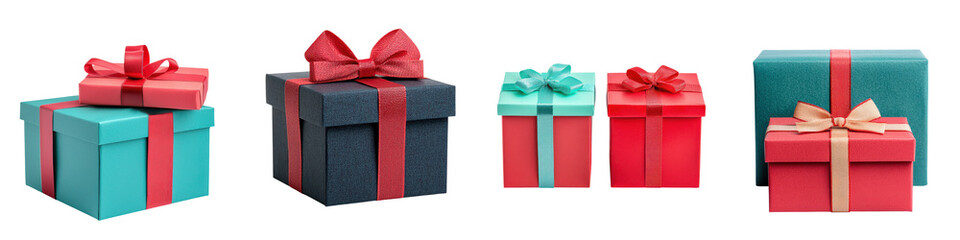 A collection of beautifully wrapped gift boxes in vibrant colors with elegant ribbons and bows ready for holiday and special occasions