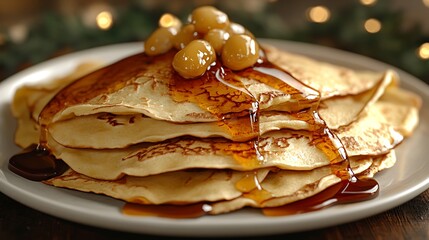 Stack of pancakes with syrup and berries on a plate