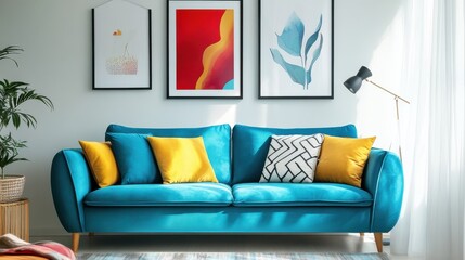 Vivid colorful living room interior with blue turquoise sofa and mockup posters on white wall. Home decor, concept art template. Generative AI illustration