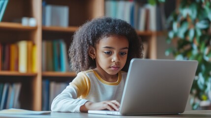 little ethnic girl sitting at home at a table working on her homework on a laptop computer reading the screen with a thoughtful expression