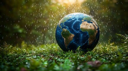 Earth globe in rain forest; environmental awareness; educational stock photo